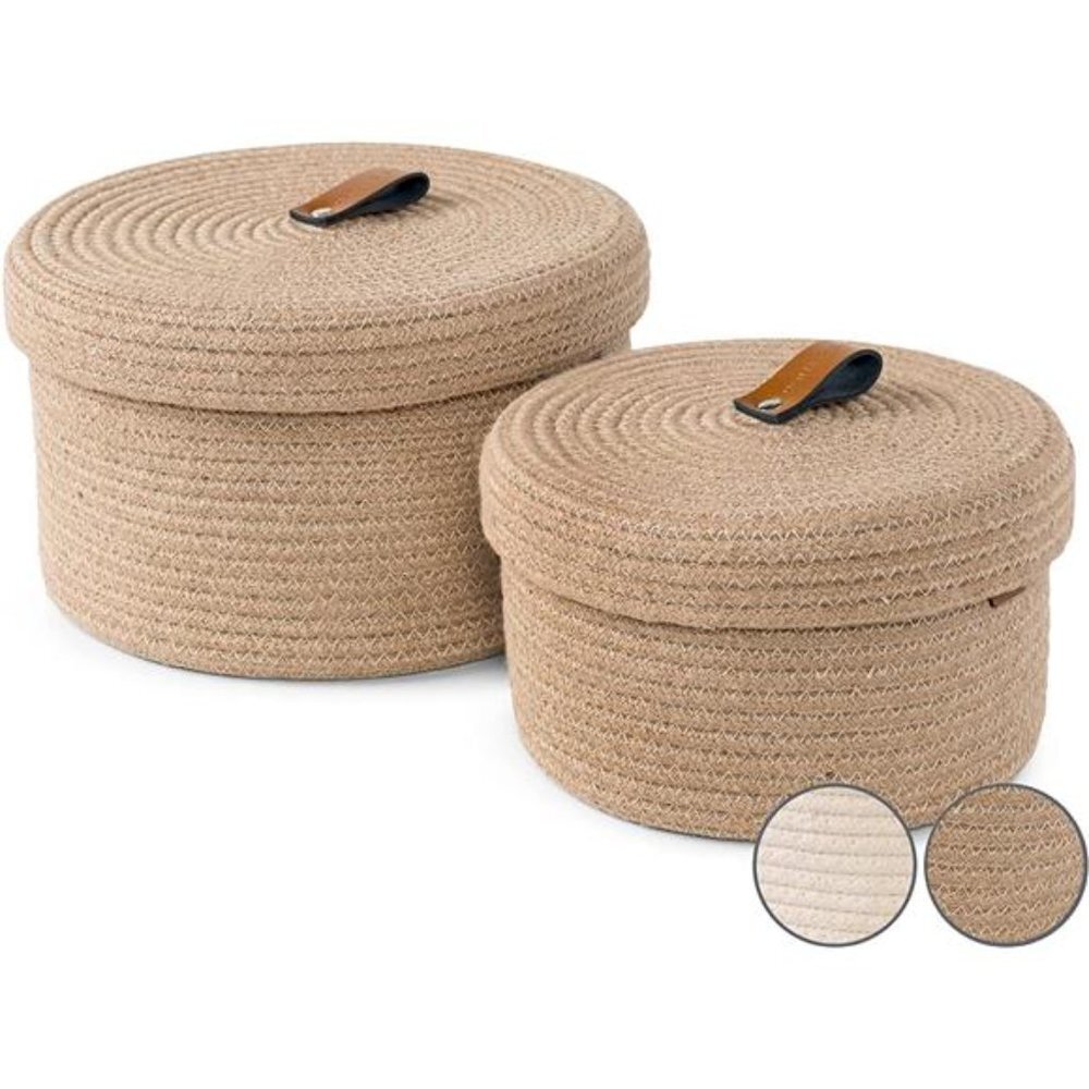 Set of 2 Decorative Jute Baskets with Lids for Organizing - Natural Jute Rope